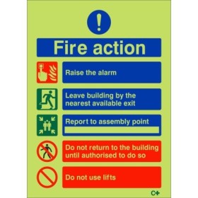 Glow in the dark fire action sign with five steps including do not use lifts instruction
