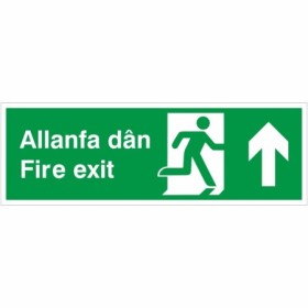 Fire Exit Arrow Up Sign in Welsh and English with running man symbol