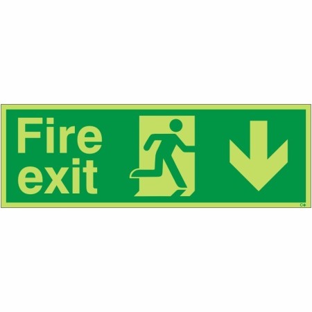 Glow in the dark fire exit down sign with running man and downward arrow