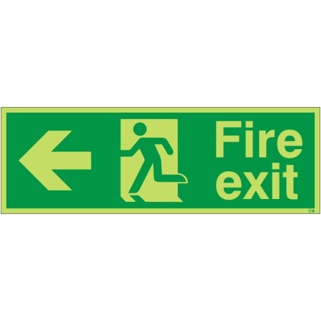Fire exit left sign with running man symbol and left arrow glow in the dark
