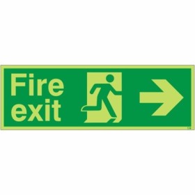 Glow in the dark fire exit sign with right arrow and running man symbol