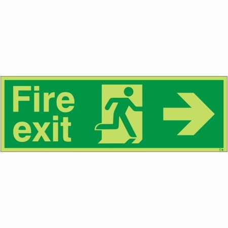 Glow in the dark fire exit sign with right arrow and running man symbol