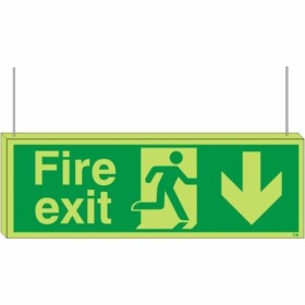 Glow in the dark double sided fire exit sign with downward arrow