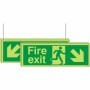 Glow in the dark double sided fire exit sign with down left and down right arrows