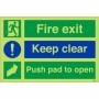 Glow in the dark fire exit keep clear push pad to open sign with symbols