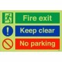 Glow in the dark fire exit keep clear no parking safety sign with symbols