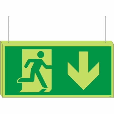 Double sided glow in the dark fire exit arrow down sign