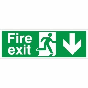 Fire exit arrow down safety sign with running man symbol and downward arrow