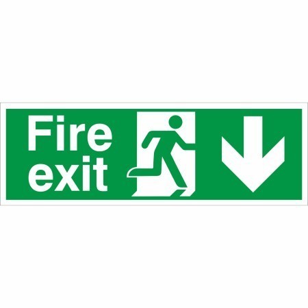 Fire exit arrow down safety sign with running man symbol and downward arrow