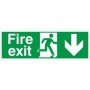 Fire exit arrow down safety sign with running man symbol and downward arrow