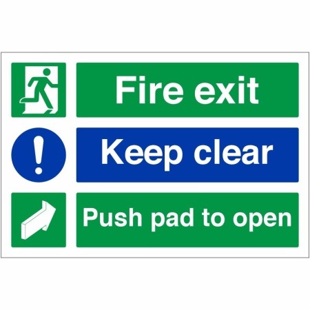 Fire exit keep clear push pad to open safety sign