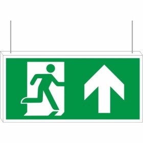 Double sided fire exit up sign with upward arrow and running man symbol