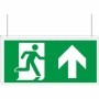 Double sided fire exit up sign with upward arrow and running man symbol