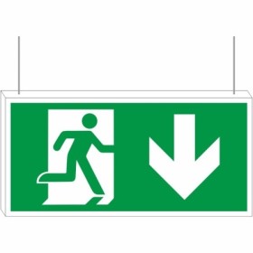 Double sided fire exit down sign with running man symbol and downward arrow