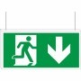 Double sided fire exit down sign with running man symbol and downward arrow