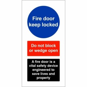 Fire door keep locked sign with do not block or wedge open fire safety message