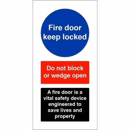 Fire door keep locked sign with do not block or wedge open fire safety message