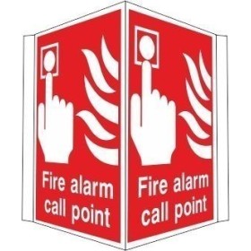 Projecting fire alarm call point sign with double-sided fire alarm symbol