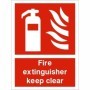 Fire extinguisher keep clear safety sign with extinguisher symbol on red background