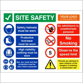 Site Safety Construction Work In Progress Branded Sign with PPE requirements and site safety warnings