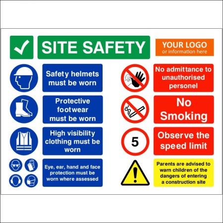 Site Safety Construction Work In Progress Branded Sign with PPE requirements and site safety warnings
