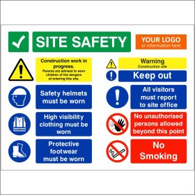 Safety Starts Here Site Safety Multi Message Safety Board with PPE and construction site warnings
