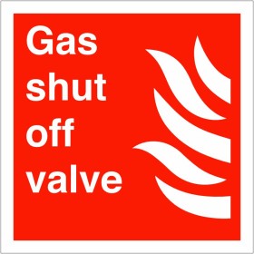 Gas Shut Off Valve Sign with white text and symbol on red background