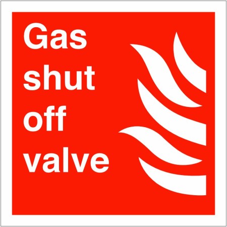 Gas Shut Off Valve Sign with white text and symbol on red background