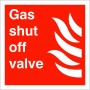 Gas Shut Off Valve Sign with white text and symbol on red background
