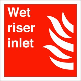 Wet Riser Inlet Sign with white text and flame symbol on red background