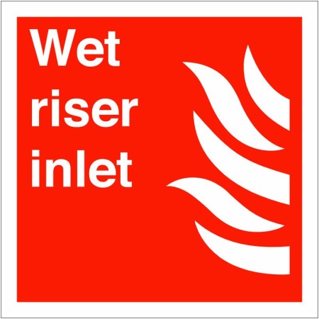 Wet Riser Inlet Sign with white text and flame symbol on red background