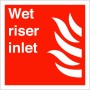 Wet Riser Inlet Sign with white text and flame symbol on red background