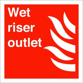 Wet Riser Outlet Sign with white text and flame symbol on red background