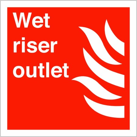 Wet Riser Outlet Sign with white text and flame symbol on red background