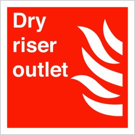 Dry Riser Outlet Sign with white text and flame symbol on red background