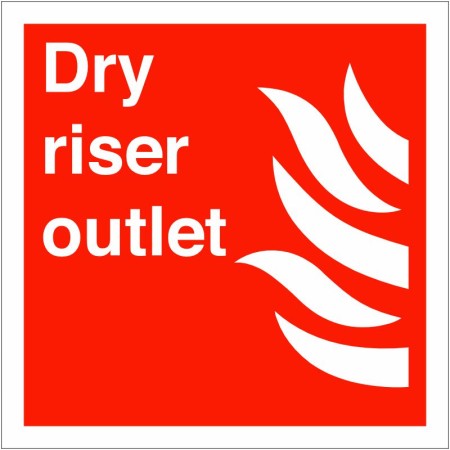Dry Riser Outlet Sign with white text and flame symbol on red background