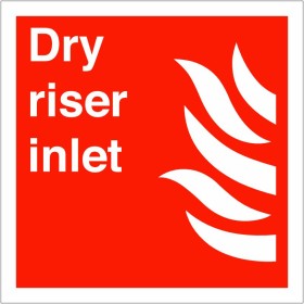 Dry Riser Inlet Sign with white text and flame symbol on red background