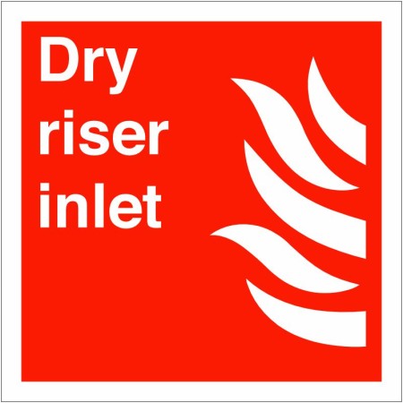 Dry Riser Inlet Sign with white text and flame symbol on red background