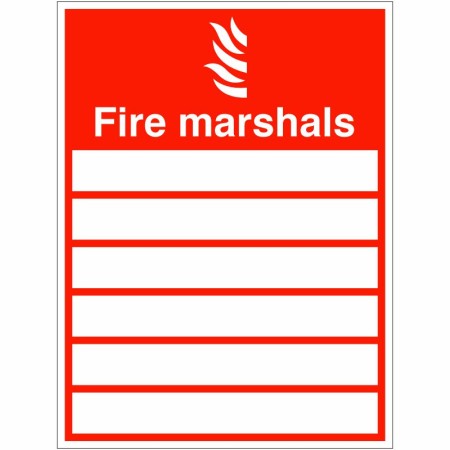 Fire Marshals safety sign with writable name panels on red background