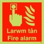 Glow in the Dark Larwm Tân Fire Alarm bilingual Welsh and English square safety sign