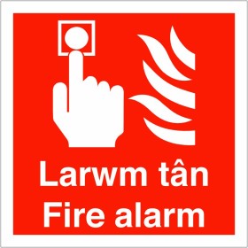 Larwm Tân Fire Alarm Welsh and English Square Sign with white symbols on red background