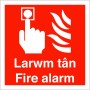 Larwm Tân Fire Alarm Welsh and English Square Sign with white symbols on red background