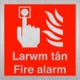 Brushed aluminum Larwm Tân Fire Alarm bilingual Welsh and English square safety sign