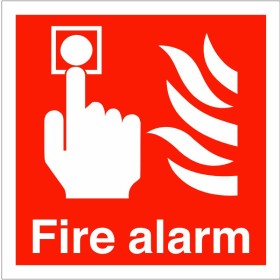 Fire Alarm Square Sign with white call point and flame symbols on red background