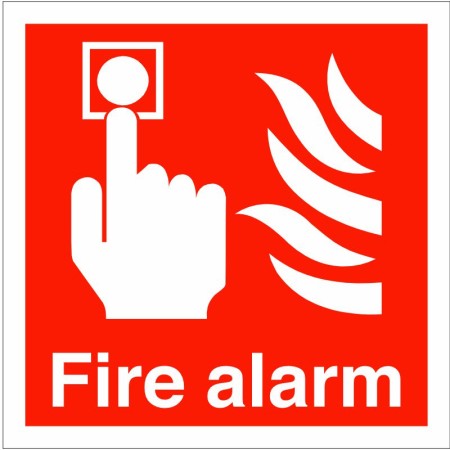Fire Alarm Square Sign with white call point and flame symbols on red background