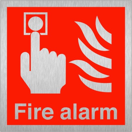 Brushed aluminium fire alarm sign with fire alarm activation symbol