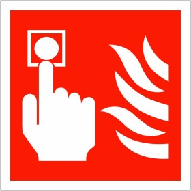 Fire Alarm Symbol Sign with white call point and flame symbols on red background