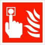 Fire Alarm Symbol Sign with white call point and flame symbols on red background