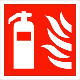 Fire Extinguisher Symbol Sign with white extinguisher and flame symbols on red background