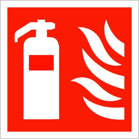Fire Extinguisher Symbol Sign with white extinguisher and flame symbols on red background